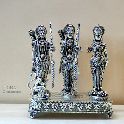 Handcrafted 7.5-inch 925 Sterling silver Shri Ram Darbar statue featuring Lord Rama, Laxman, and Seeta by Tribal Ornaments.