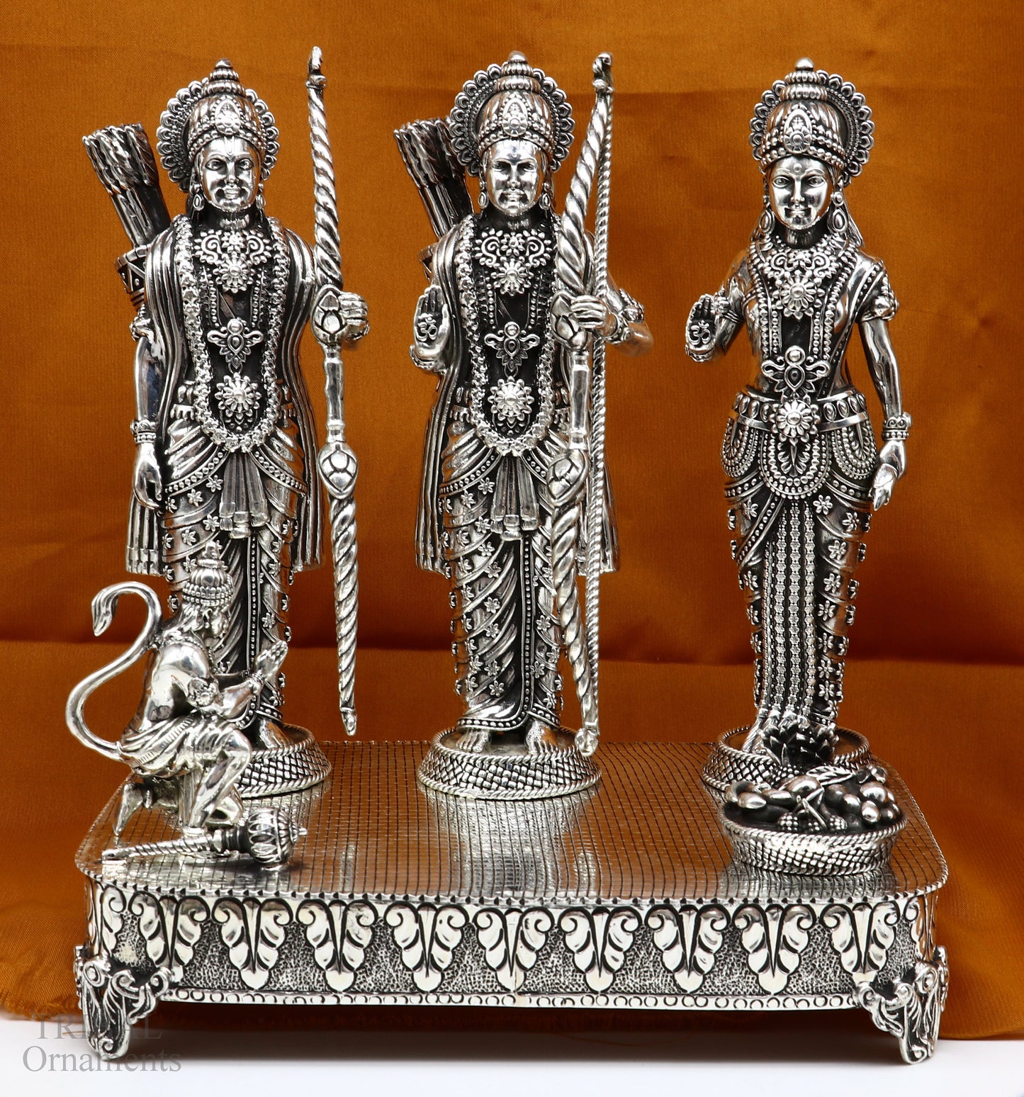 Handcrafted 7.5-inch 925 sterling silver Shri Ram Darbar statue with Lord Shri Rama, Laxman, and Seeta, detailed sculpture.