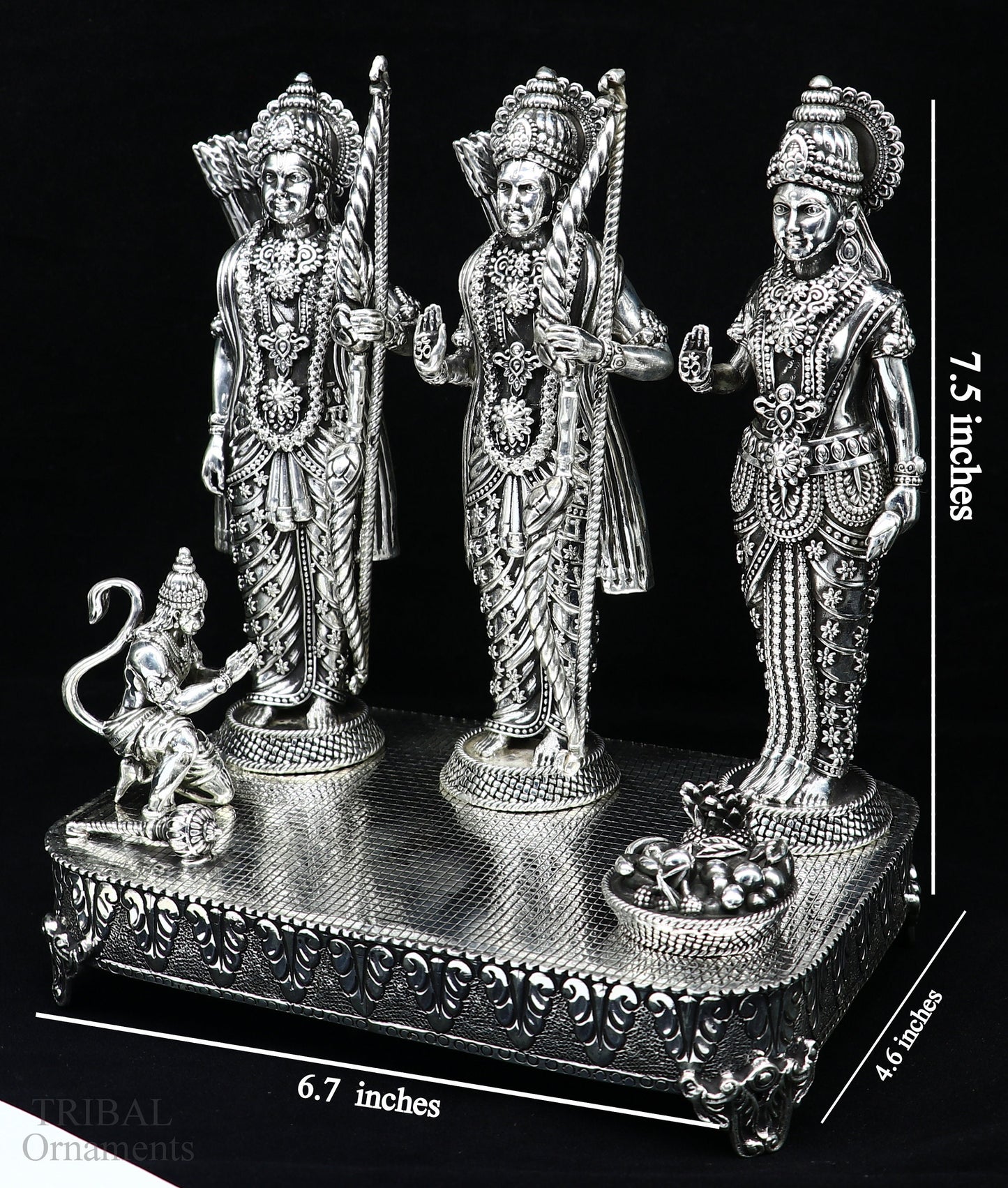 Handcrafted 7.5-inch sterling silver Shri Ram Darbar statue featuring Lord Rama, Sita, and Laxman in detailed sculpture.