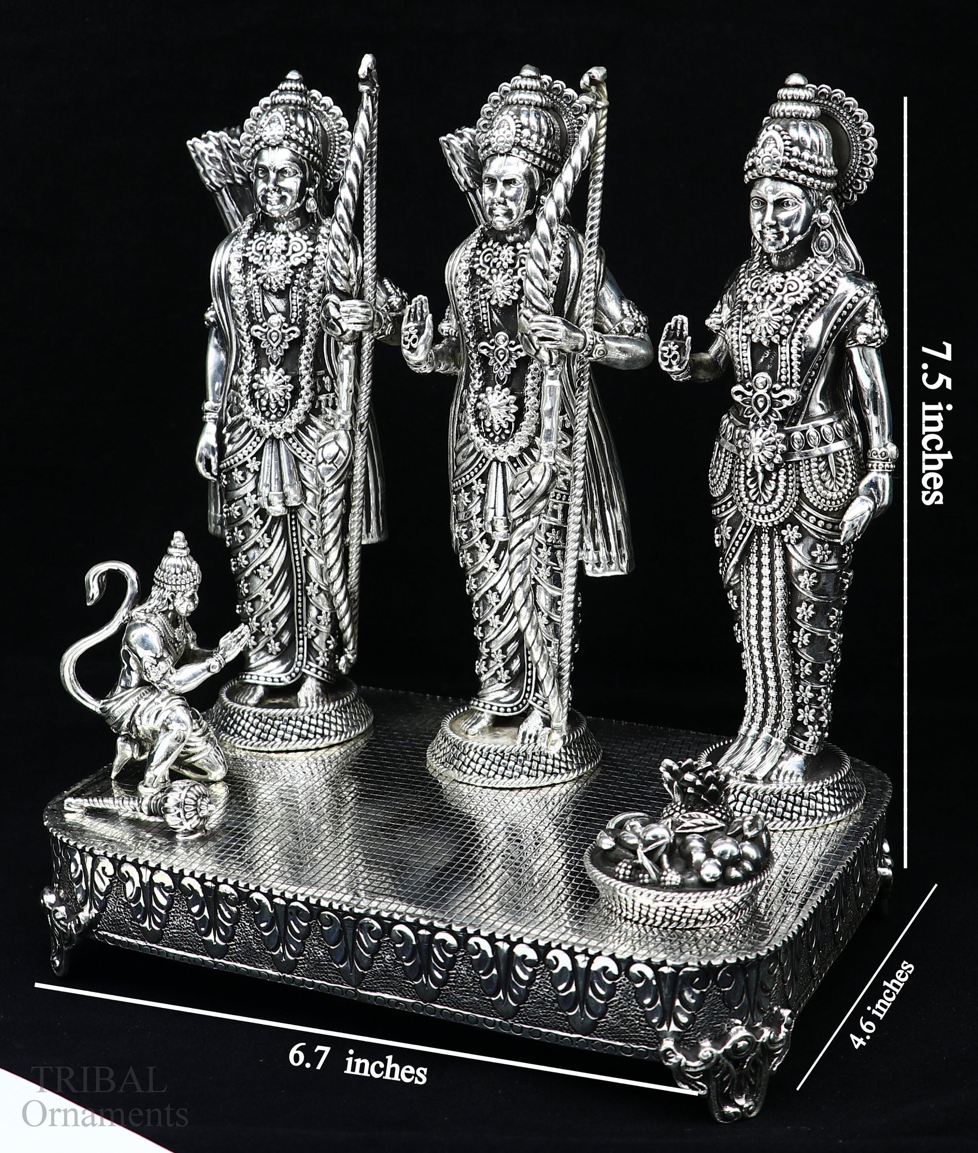 Handcrafted 7.5-inch sterling silver Shri Ram Darbar statue featuring Lord Rama, Sita, and Laxman in detailed sculpture.