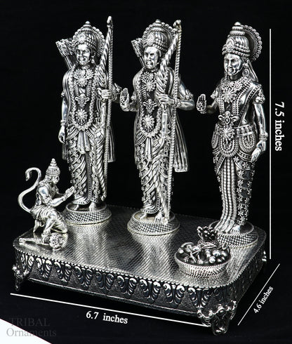 Handcrafted 7.5-inch sterling silver Shri Ram Darbar statue featuring Lord Rama, Sita, and Laxman in detailed sculpture.