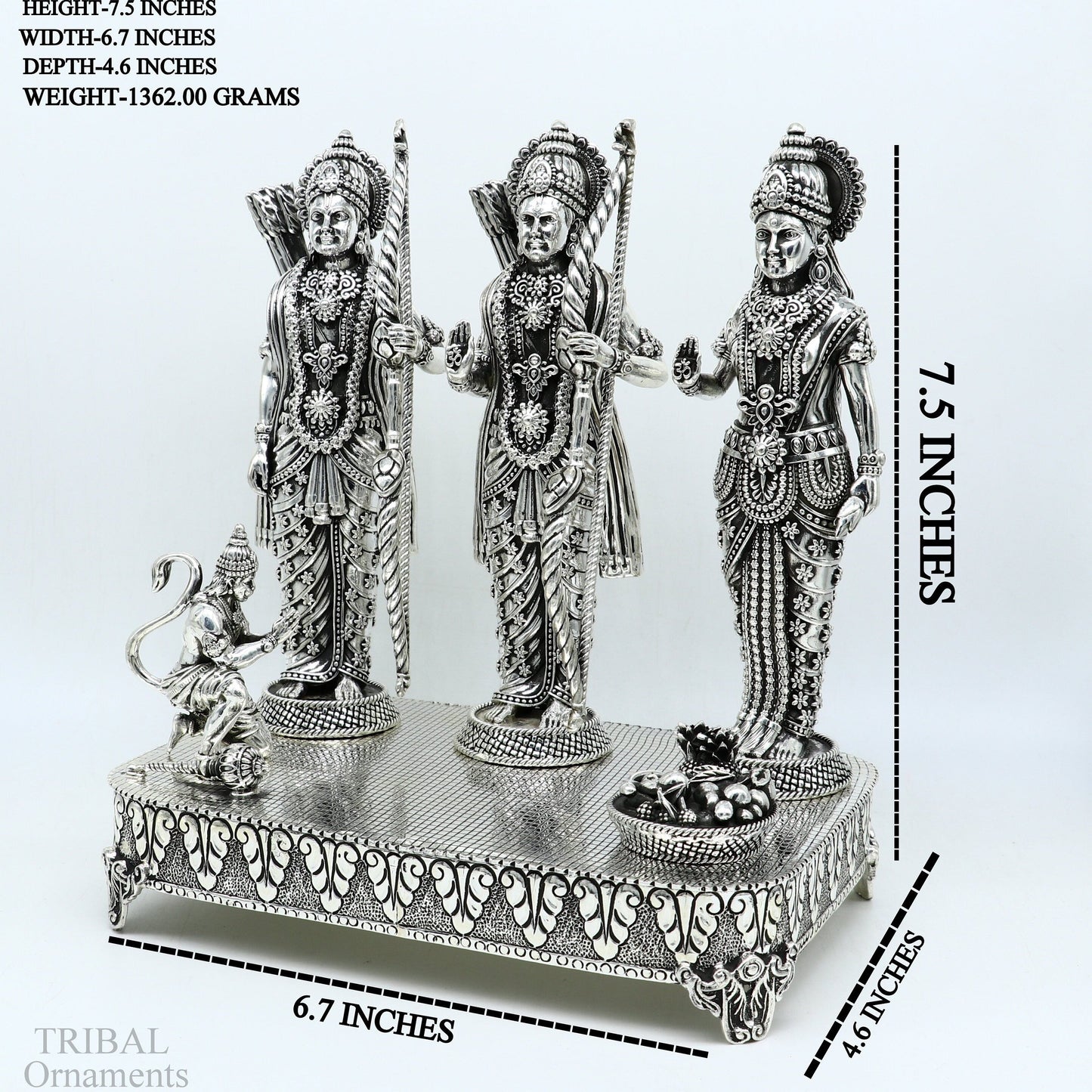 Handcrafted 7.5-inch sterling silver Shri Ram Darbar sculpture featuring Lord Rama, Sita, and Laxman in traditional design.