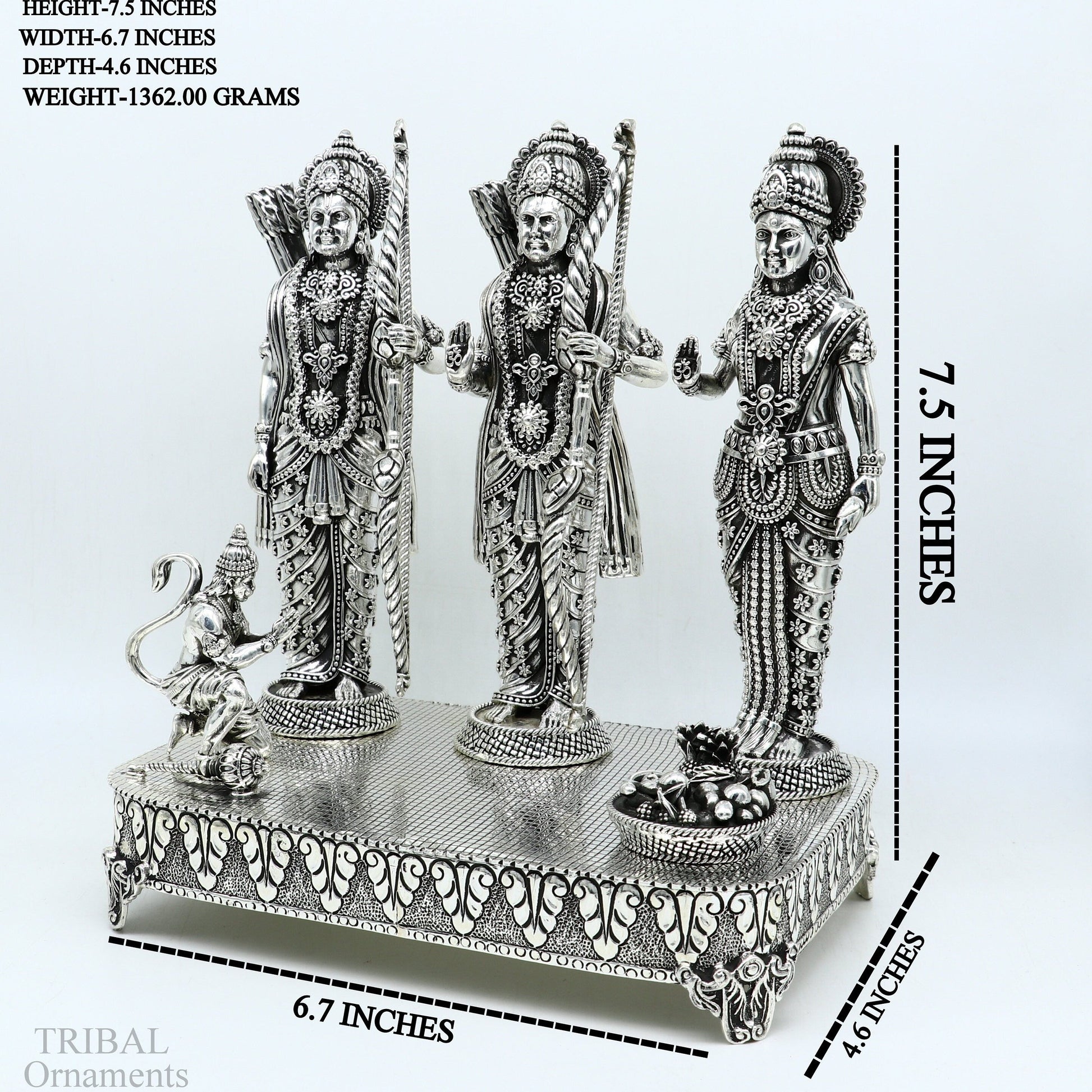 Handcrafted 7.5-inch sterling silver Shri Ram Darbar sculpture featuring Lord Rama, Sita, and Laxman in traditional design.