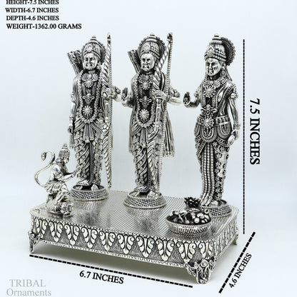 Handcrafted 7.5-inch sterling silver Shri Ram Darbar sculpture featuring Lord Rama, Sita, and Laxman in traditional design.