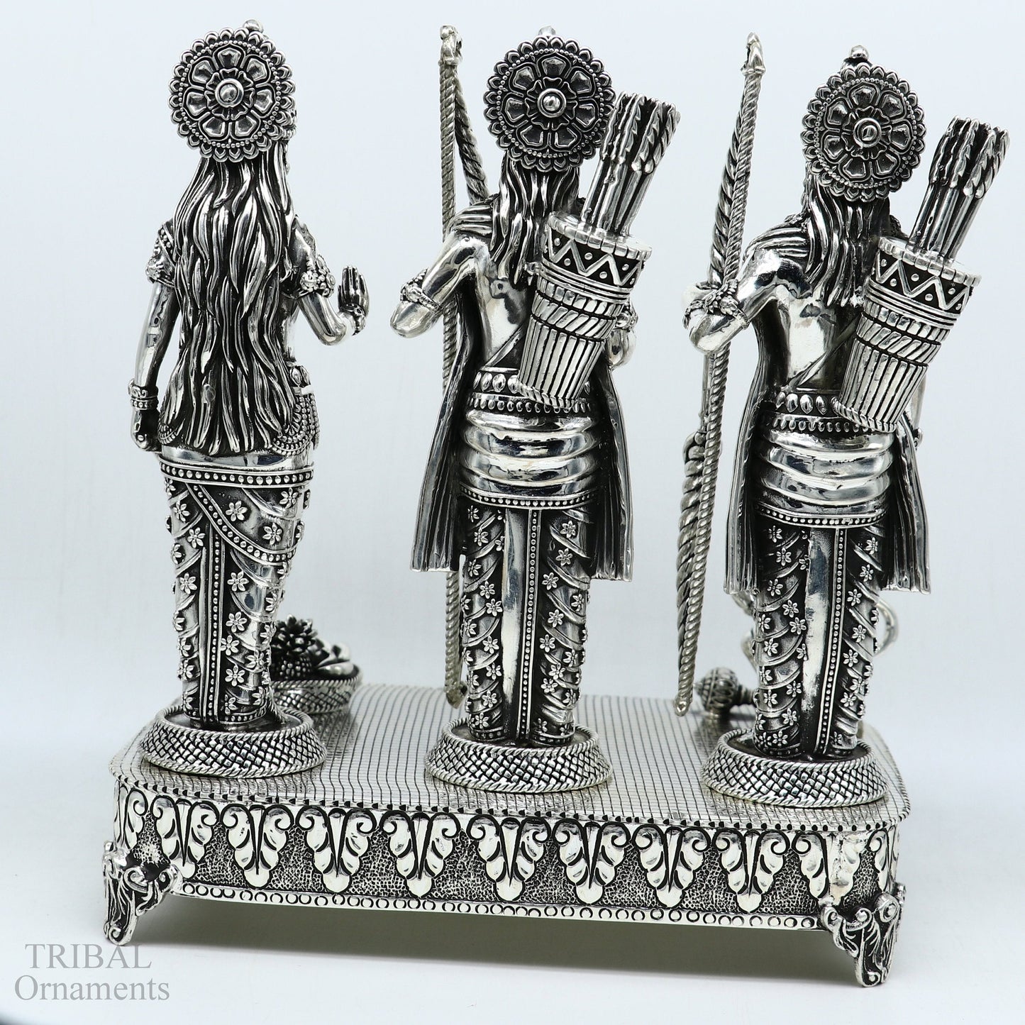7.5-inch sterling silver Shri Ram Darbar statue featuring Lord Rama, Sita, and Laxman, handcrafted sculpture by Tribal Ornaments.