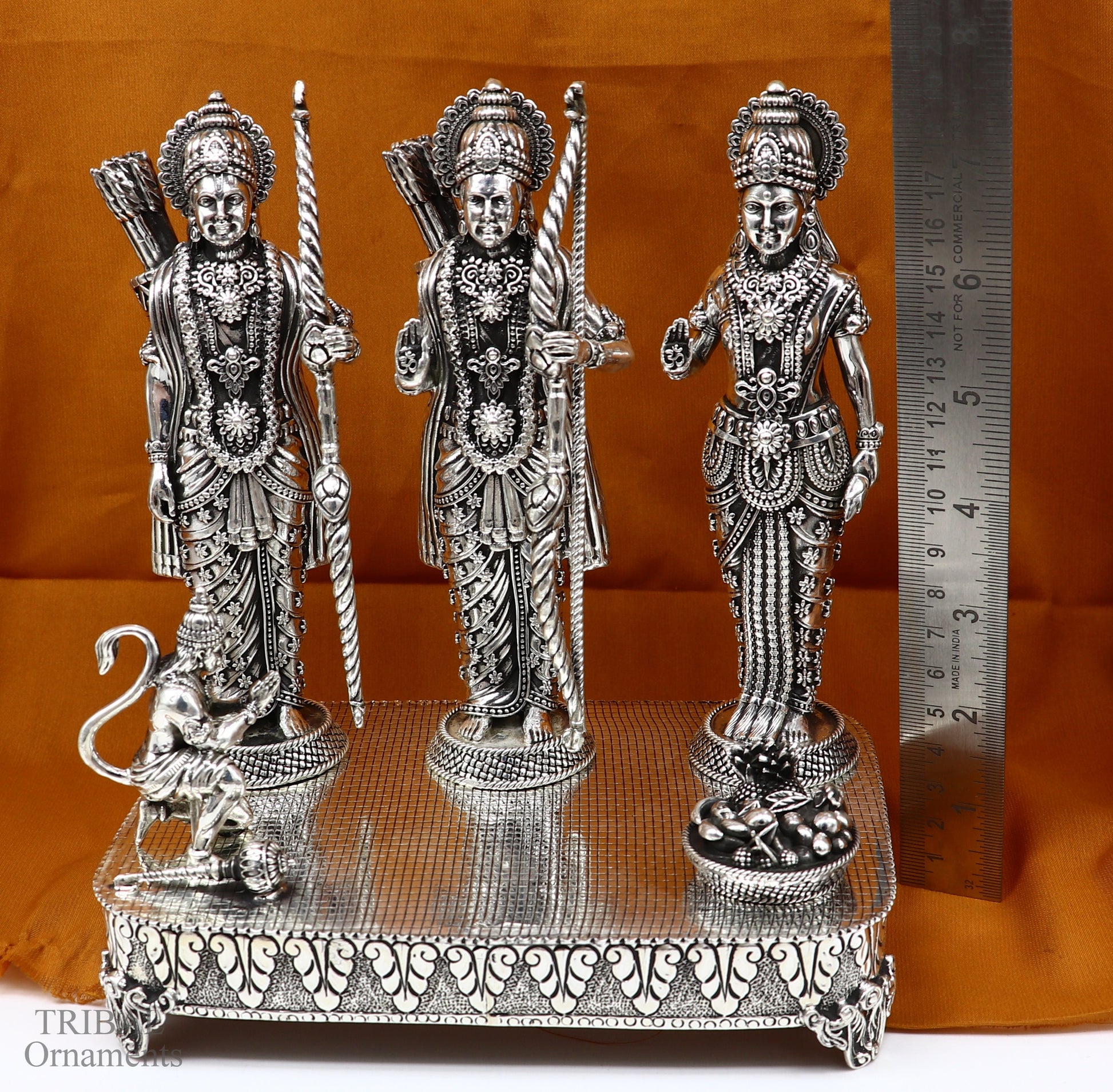 7.5-inch handcrafted sterling silver Shri Ram Darbar sculpture featuring Lord Rama, Sita, and Laxman in detailed traditional design.