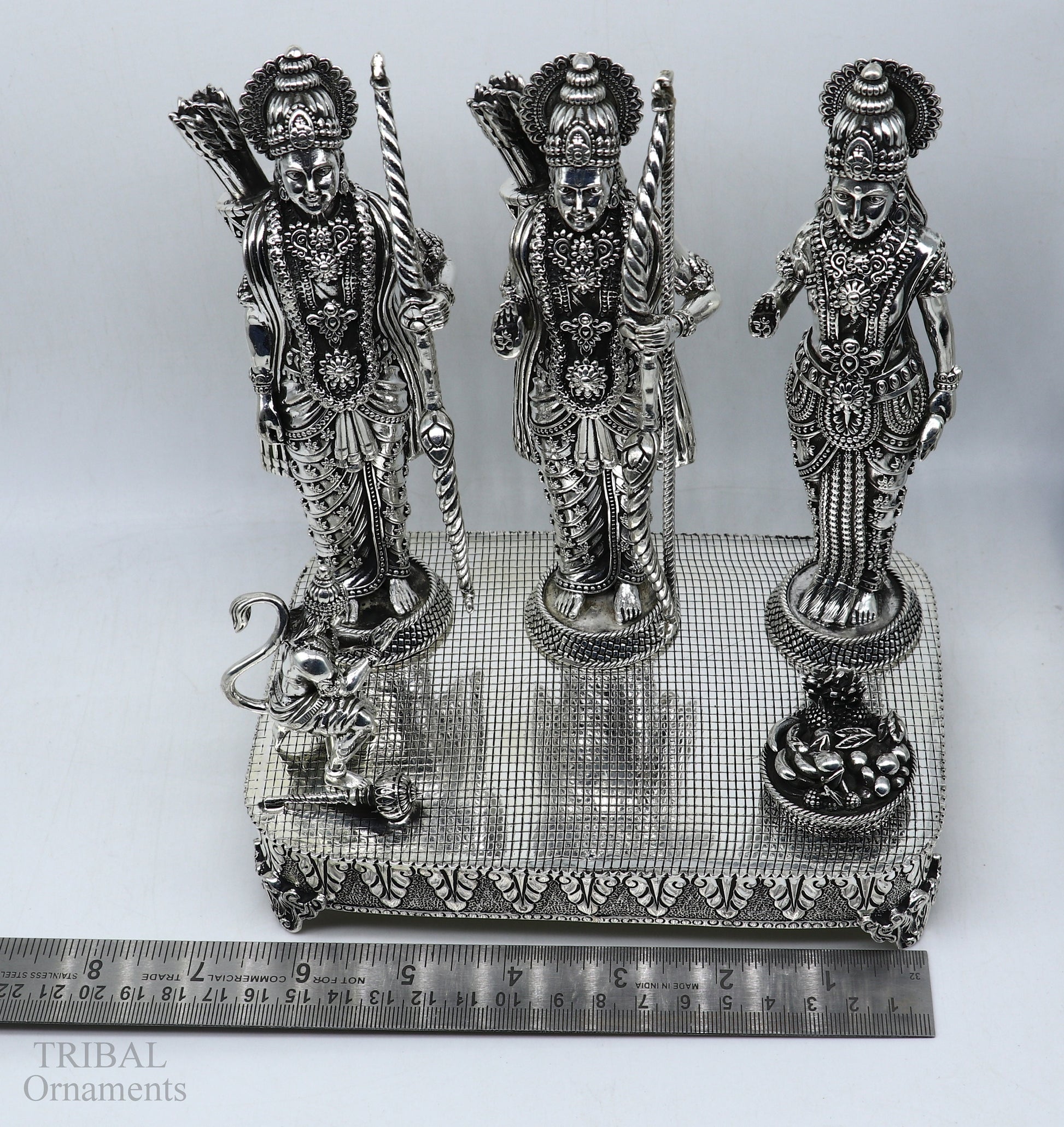 Handcrafted 7.5-inch sterling silver Shri Ram Darbar statue featuring Lord Rama, Sita, and Laxman in intricate detail.