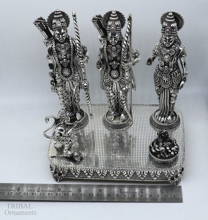 Handcrafted 7.5-inch sterling silver Shri Ram Darbar statue featuring Lord Rama, Sita, and Laxman in intricate detail.