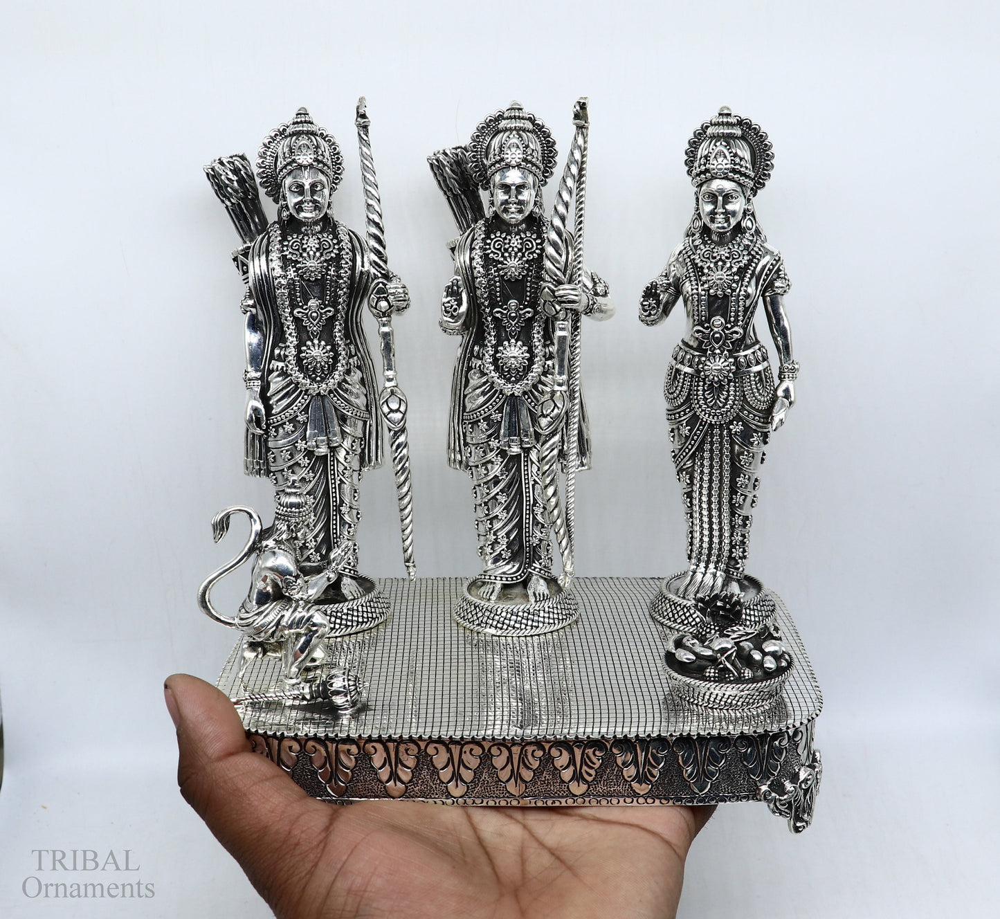 Handcrafted 7.5-inch 925 Sterling silver Shri Ram Darbar statue featuring Lord Shri Rama, Sita, and Laxman in detailed sculpture.