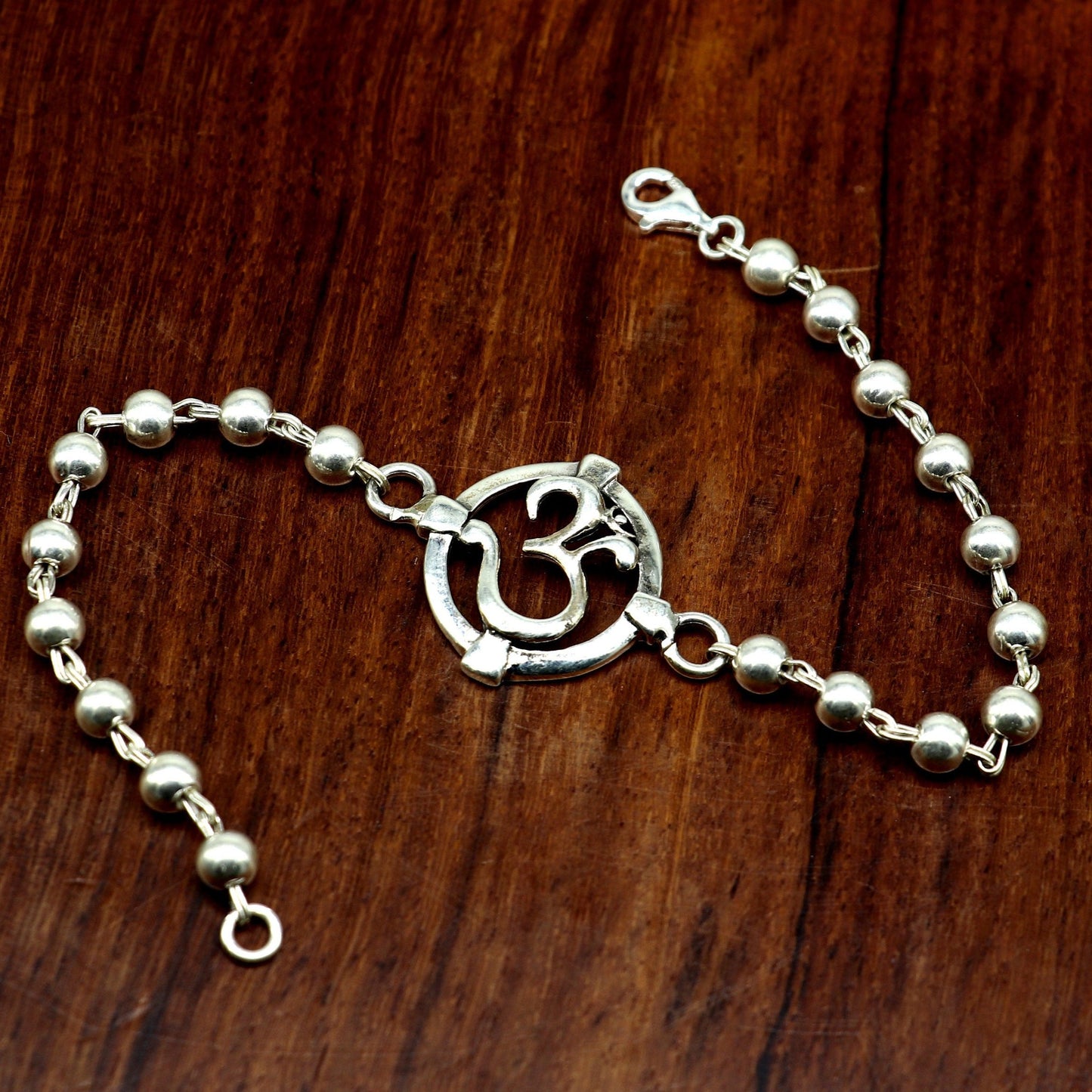 7.5 inches long handmade solid 925 sterling silver custom Aum design beaded Rakhi Bracelet, special personalized Rakshabandhan gift rk12 - TRIBAL ORNAMENTS
