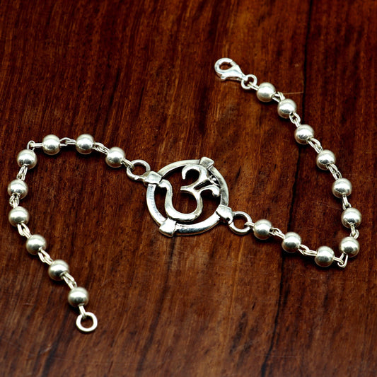 7.5 inches long handmade solid 925 sterling silver custom Aum design beaded Rakhi Bracelet, special personalized Rakshabandhan gift rk12 - TRIBAL ORNAMENTS