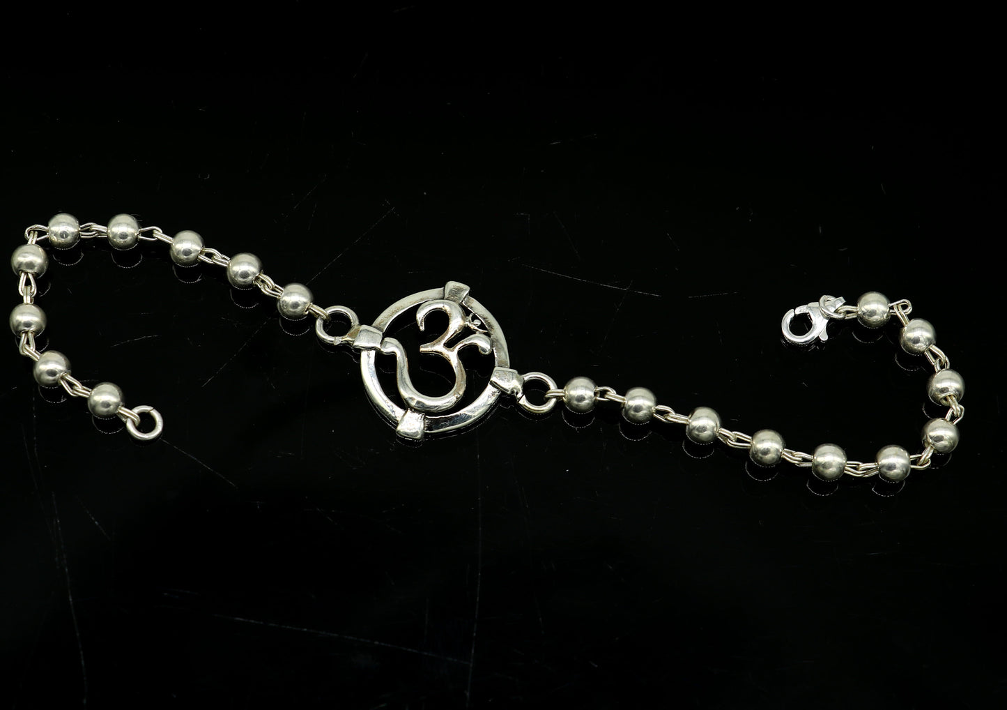 7.5 inches long handmade solid 925 sterling silver custom Aum design beaded Rakhi Bracelet, special personalized Rakshabandhan gift rk12 - TRIBAL ORNAMENTS