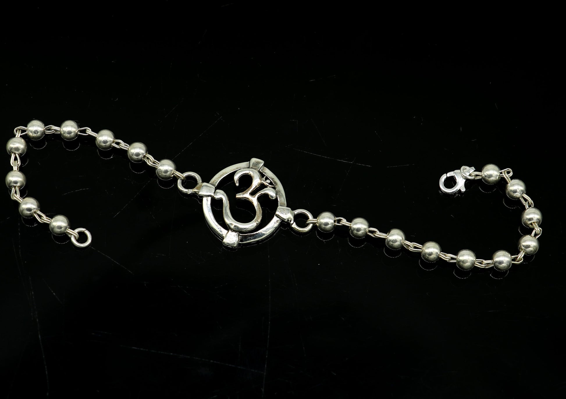 7.5 inches long handmade solid 925 sterling silver custom Aum design beaded Rakhi Bracelet, special personalized Rakshabandhan gift rk12 - TRIBAL ORNAMENTS