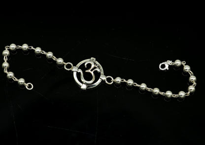 Sterling silver OM design beaded bracelet with intricate beads, personalized style, 7.5-inch size, by TRIBAL ORNAMENTS