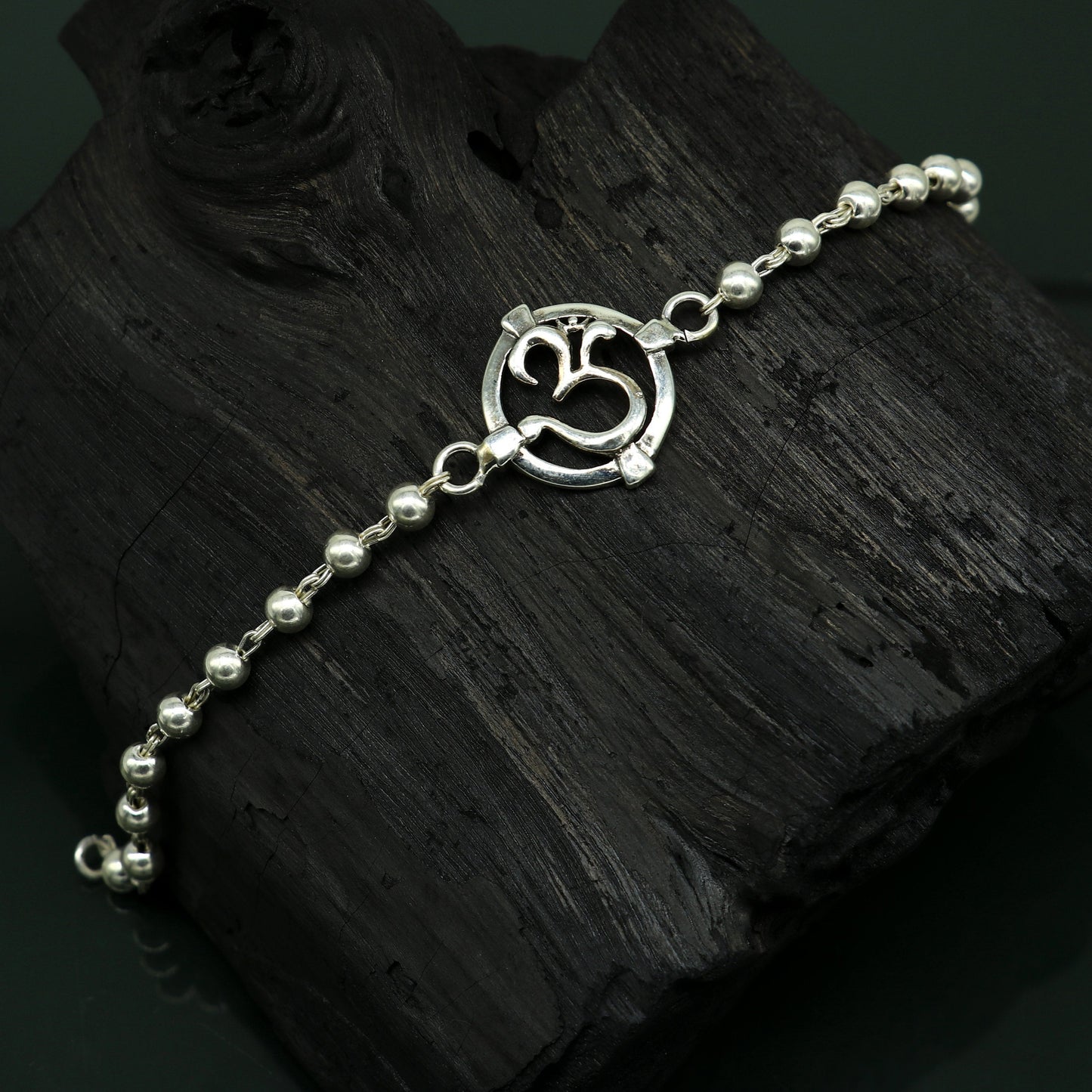 7.5 inches long handmade solid 925 sterling silver custom Aum design beaded Rakhi Bracelet, special personalized Rakshabandhan gift rk12 - TRIBAL ORNAMENTS