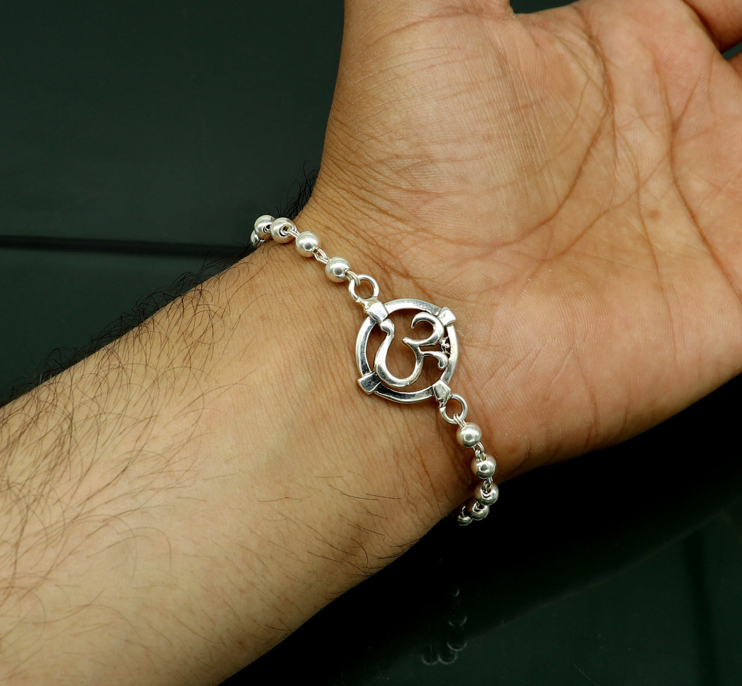 7.5 inches long handmade solid 925 sterling silver custom Aum design beaded Rakhi Bracelet, special personalized Rakshabandhan gift rk12 - TRIBAL ORNAMENTS