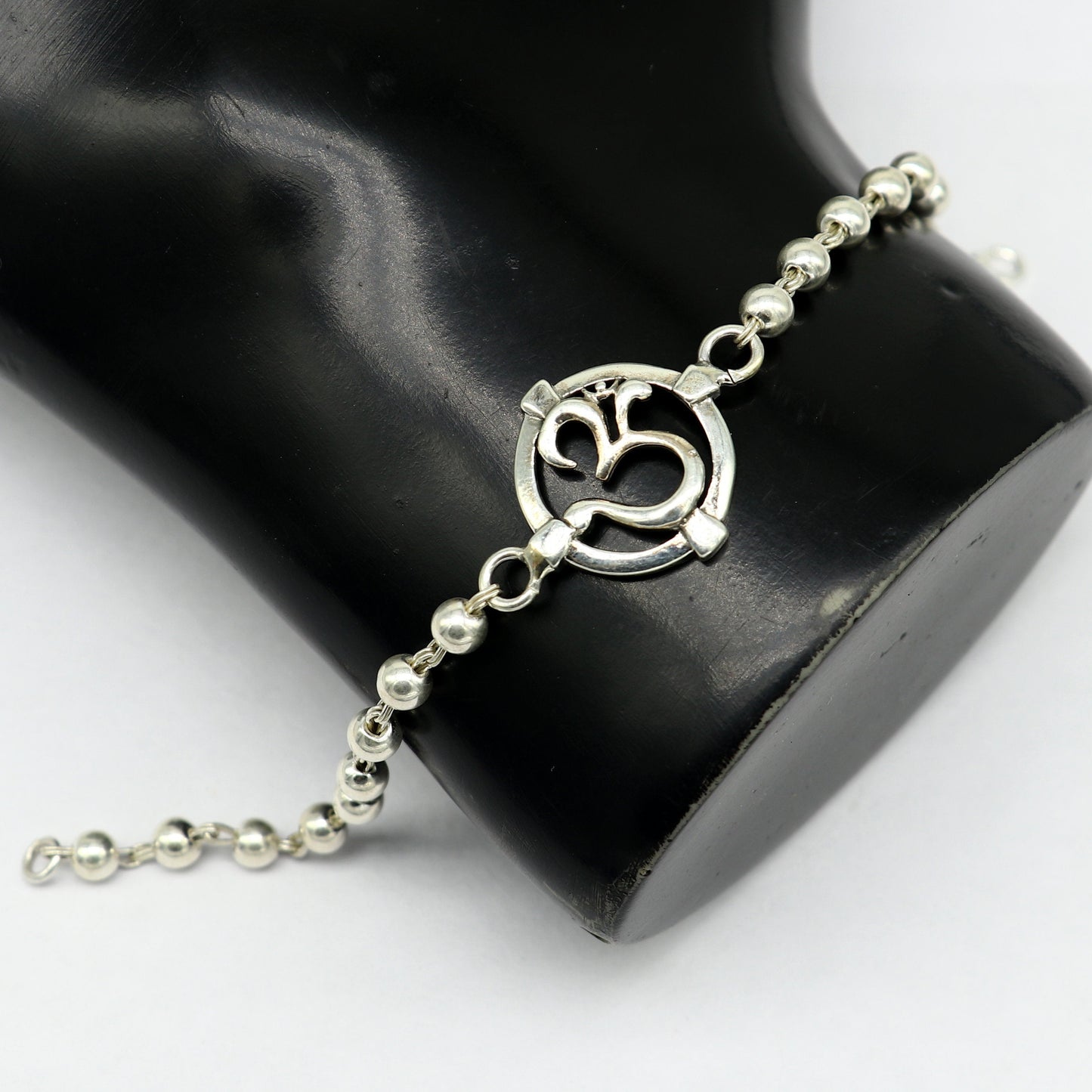 7.5 inches long handmade solid 925 sterling silver custom Aum design beaded Rakhi Bracelet, special personalized Rakshabandhan gift rk12 - TRIBAL ORNAMENTS