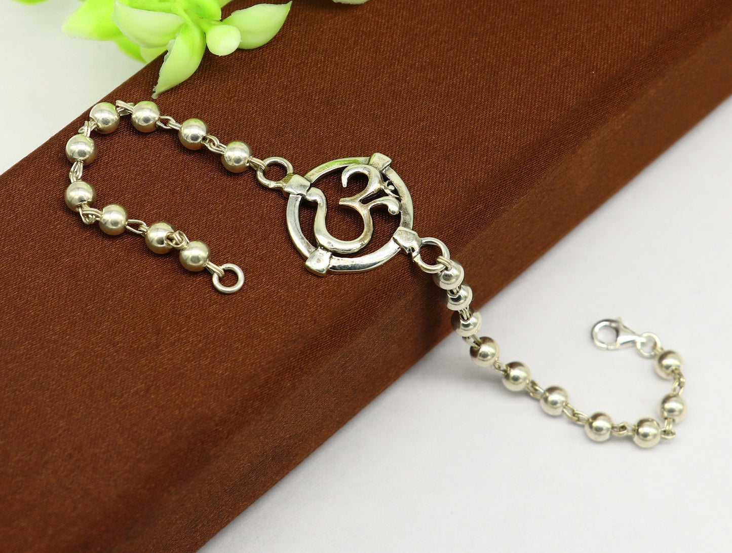 7.5 inches long handmade solid 925 sterling silver custom Aum design beaded Rakhi Bracelet, special personalized Rakshabandhan gift rk12 - TRIBAL ORNAMENTS