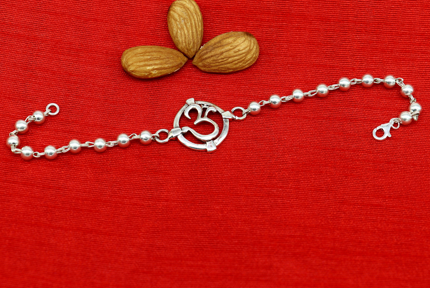7.5 inches long handmade solid 925 sterling silver custom Aum design beaded Rakhi Bracelet, special personalized Rakshabandhan gift rk12 - TRIBAL ORNAMENTS