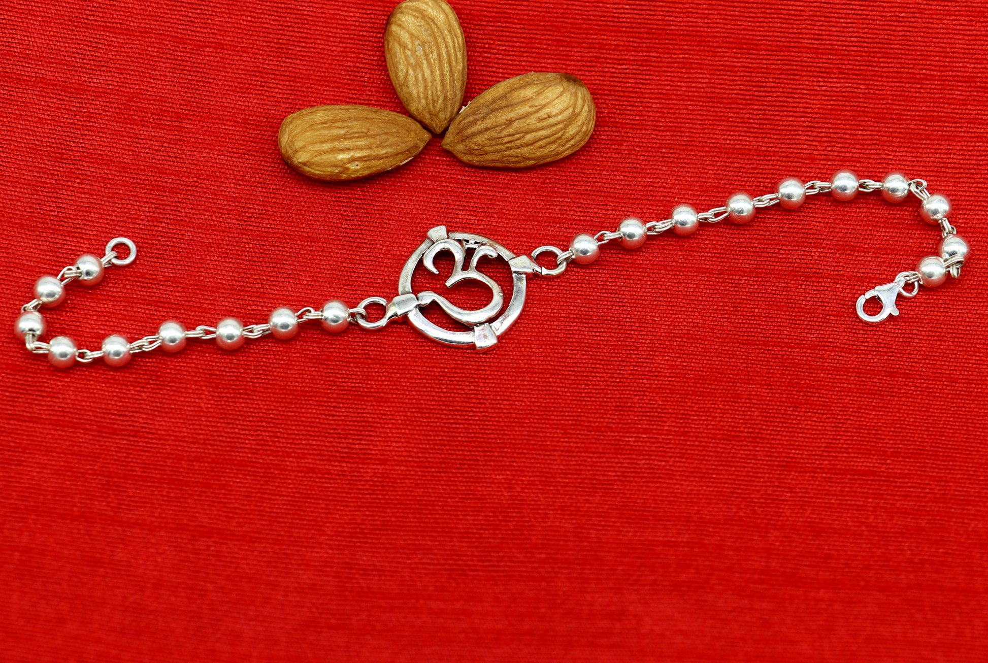 7.5 inches long handmade solid 925 sterling silver custom Aum design beaded Rakhi Bracelet, special personalized Rakshabandhan gift rk12 - TRIBAL ORNAMENTS