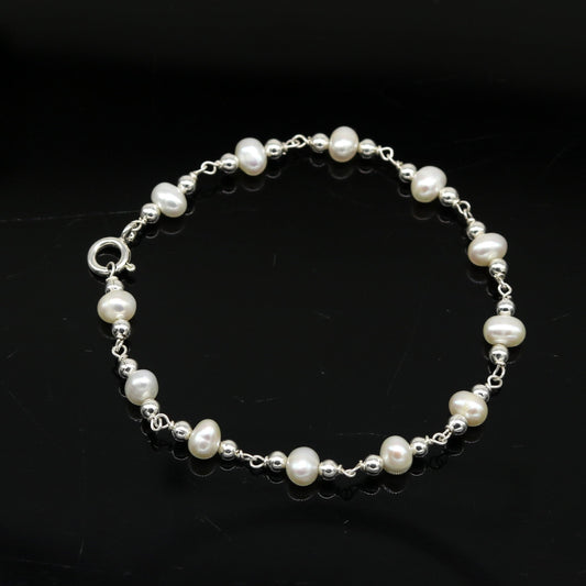 Unisex 925 sterling silver beaded bracelet with natural pearls, handmade jewelry by TRIBAL ORNAMENTS, 7.5-inch length.