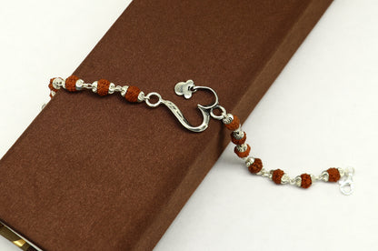 925 sterling silver Rudraksha bracelet with custom OM design, handmade tribal ornament bracelet, 7.5 inches long.