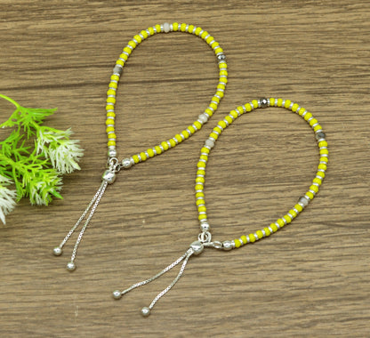 7" 925 sterling silver gorgeous silver and yellow beads adjustable bracelet, charm bracelet, customized bracelet girl's jewelry sbr164 - TRIBAL ORNAMENTS