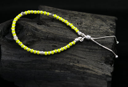 7" 925 sterling silver gorgeous silver and yellow beads adjustable bracelet, charm bracelet, customized bracelet girl's jewelry sbr164 - TRIBAL ORNAMENTS