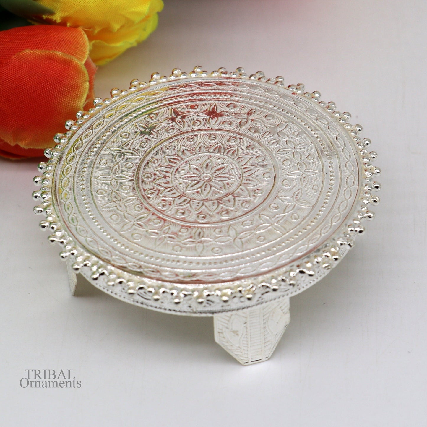 7 cm Vintage design Sterling silver handmade stunning small round shape table/bazot/chouki, excellent home puja utensils temple art su638 - TRIBAL ORNAMENTS