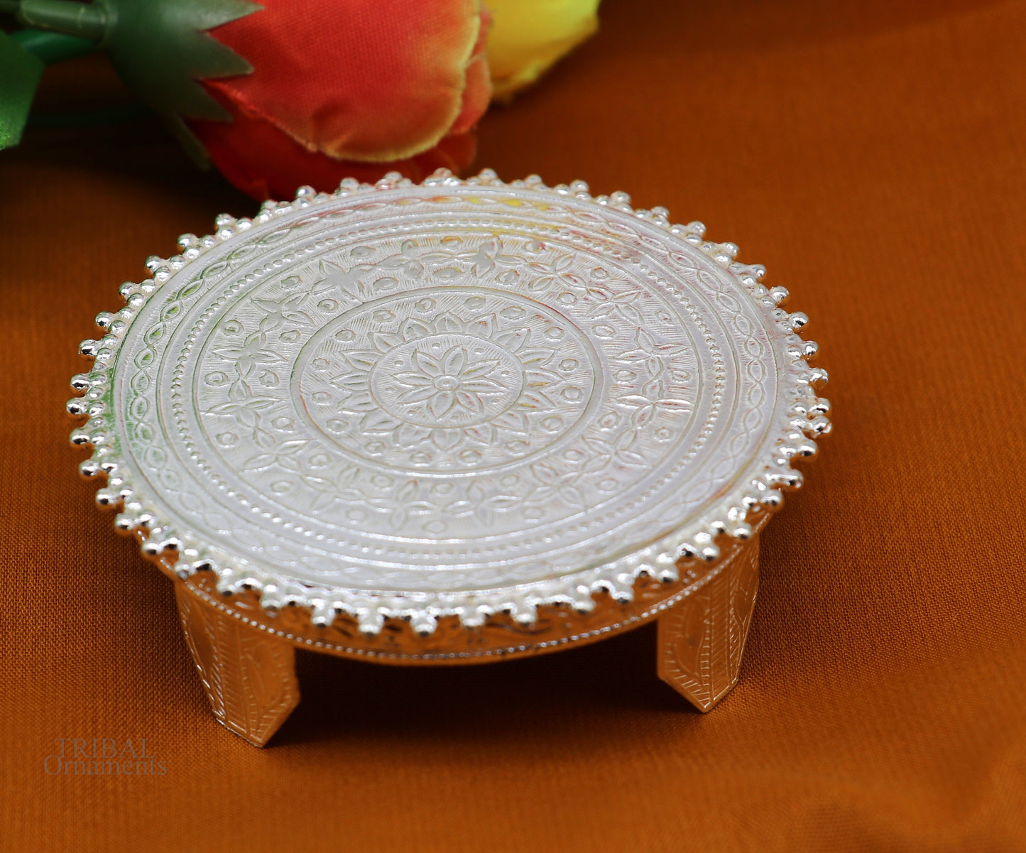 7 cm Vintage design Sterling silver handmade stunning small round shape table/bazot/chouki, excellent home puja utensils temple art su638 - TRIBAL ORNAMENTS