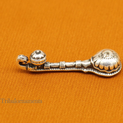Small 7 GM Saraswati Veena crafted from 925 sterling silver, a traditional Hindu musical instrument for goddess worship and gifting.