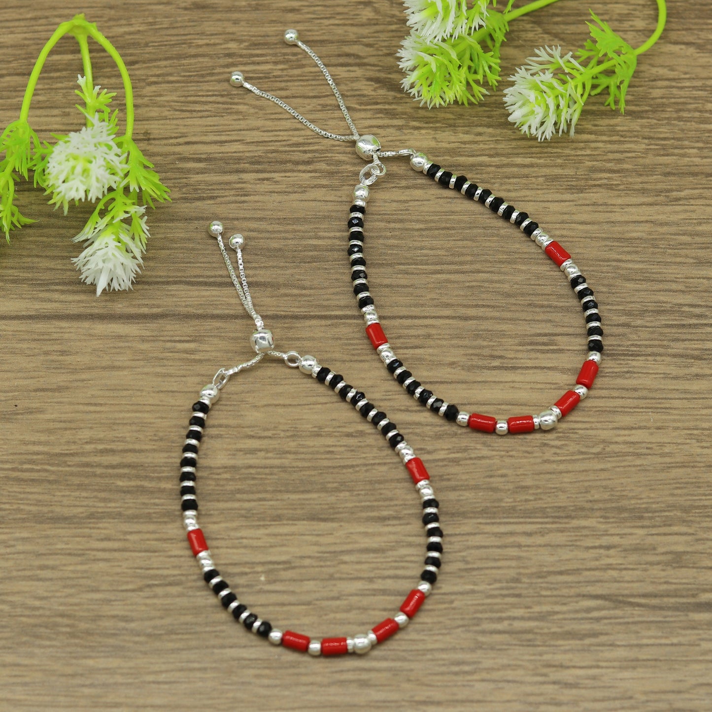 7 inches long handmade 925 sterling silver fabulous silver beads, black and red beads stone charm adjustable customized bracelet sbr167 - TRIBAL ORNAMENTS