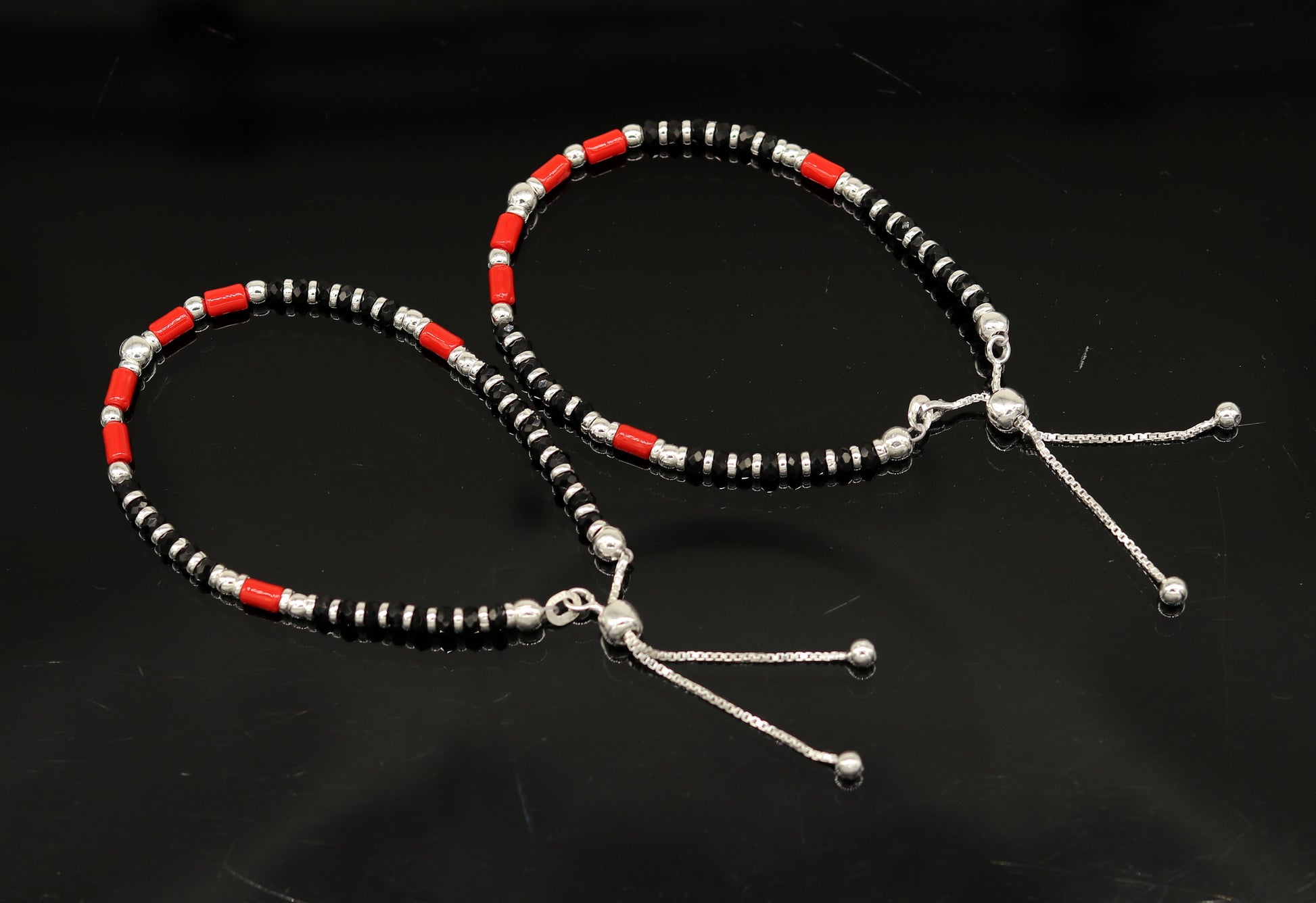 7 inches long handmade 925 sterling silver fabulous silver beads, black and red beads stone charm adjustable customized bracelet sbr167 - TRIBAL ORNAMENTS