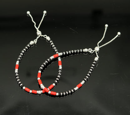 7 inches long handmade 925 sterling silver fabulous silver beads, black and red beads stone charm adjustable customized bracelet sbr167 - TRIBAL ORNAMENTS