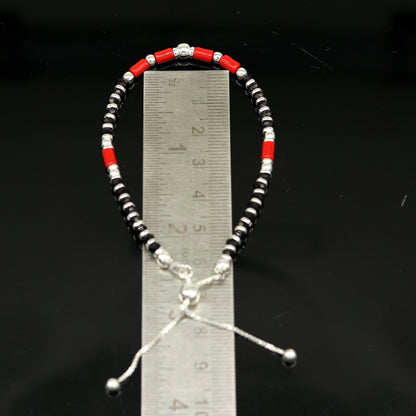 7 inches long handmade 925 sterling silver fabulous silver beads, black and red beads stone charm adjustable customized bracelet sbr167 - TRIBAL ORNAMENTS