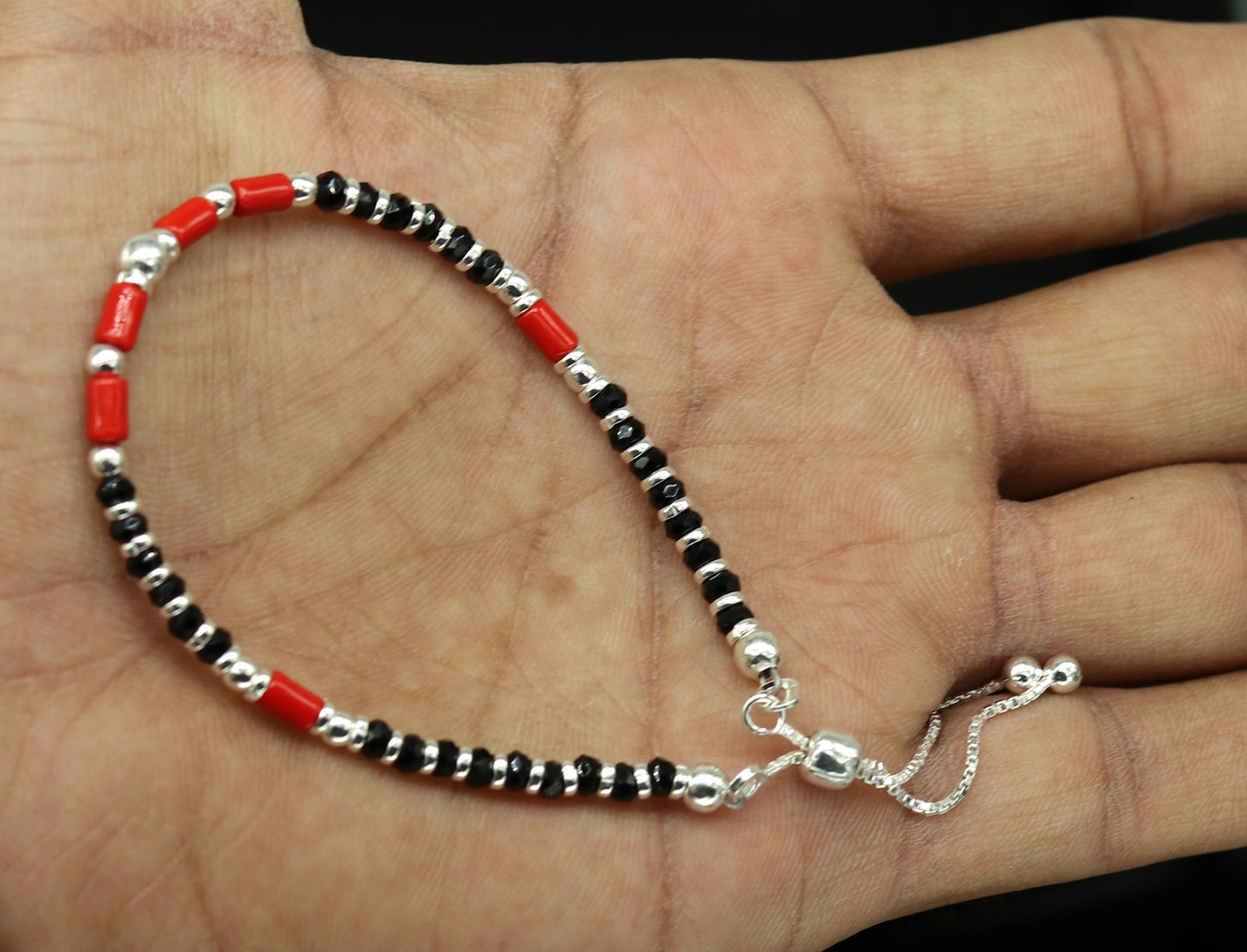 7 inches long handmade 925 sterling silver fabulous silver beads, black and red beads stone charm adjustable customized bracelet sbr167 - TRIBAL ORNAMENTS