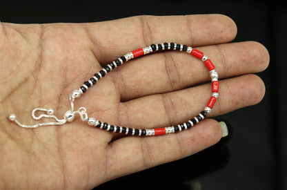 7 inches long handmade 925 sterling silver fabulous silver beads, black and red beads stone charm adjustable customized bracelet sbr167 - TRIBAL ORNAMENTS