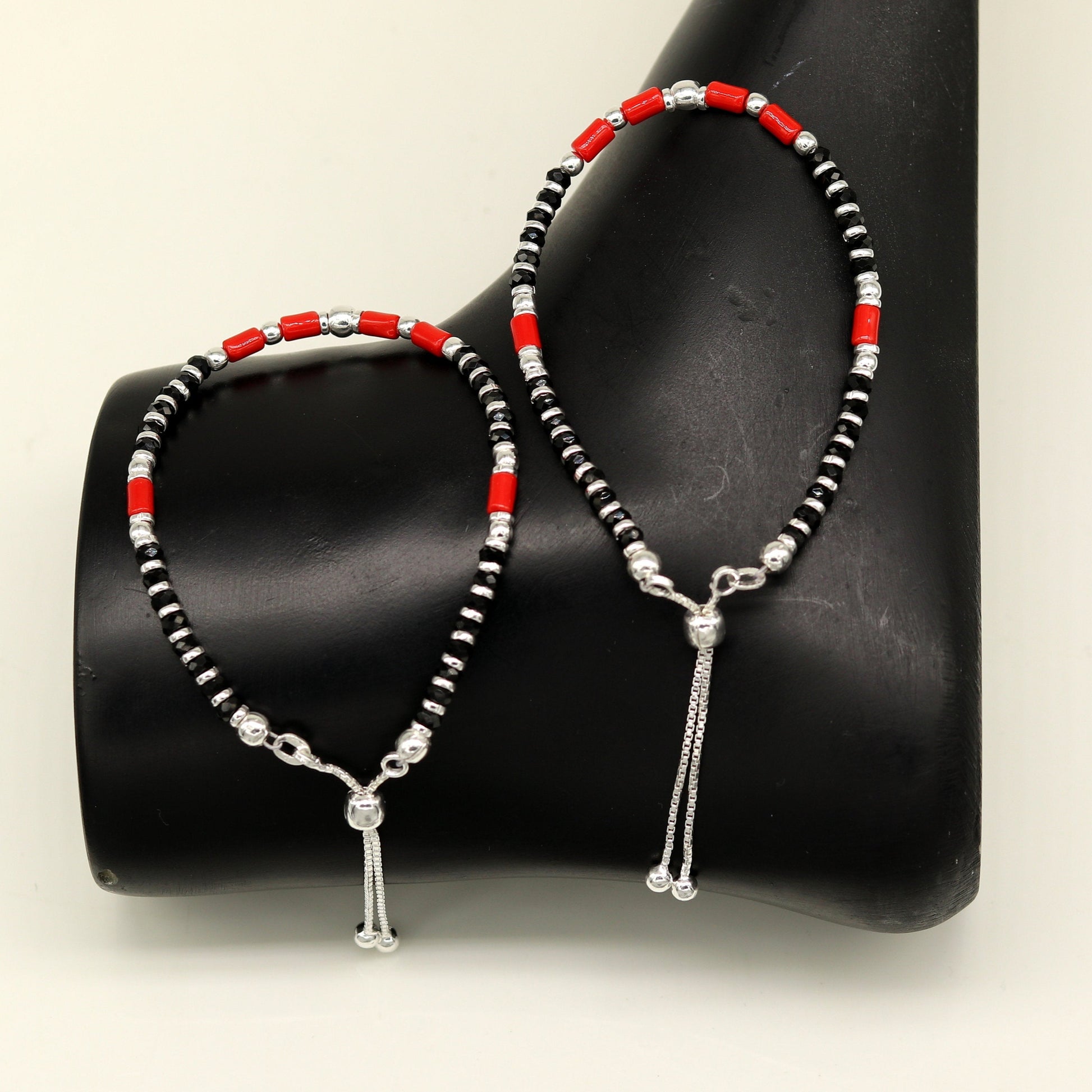 7 inches long handmade 925 sterling silver fabulous silver beads, black and red beads stone charm adjustable customized bracelet sbr167 - TRIBAL ORNAMENTS