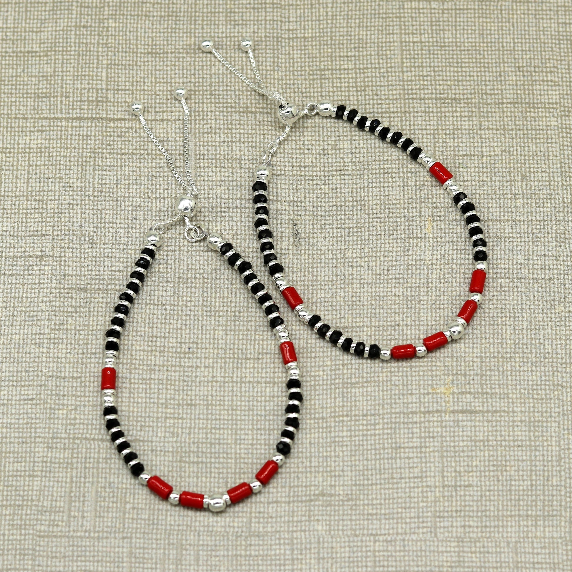 7 inches long handmade 925 sterling silver fabulous silver beads, black and red beads stone charm adjustable customized bracelet sbr167 - TRIBAL ORNAMENTS