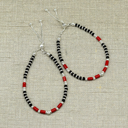 7 inches long handmade 925 sterling silver fabulous silver beads, black and red beads stone charm adjustable customized bracelet sbr167 - TRIBAL ORNAMENTS