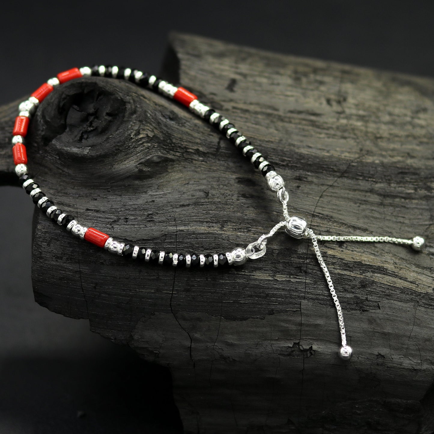 7 inches long handmade 925 sterling silver fabulous silver beads, black and red beads stone charm adjustable customized bracelet sbr167 - TRIBAL ORNAMENTS