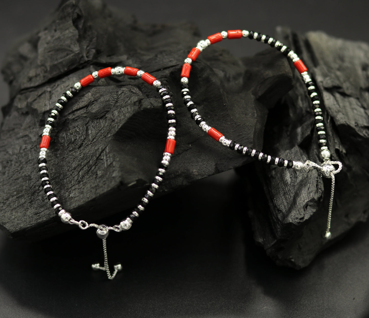 7 inches long handmade 925 sterling silver fabulous silver beads, black and red beads stone charm adjustable customized bracelet sbr167 - TRIBAL ORNAMENTS