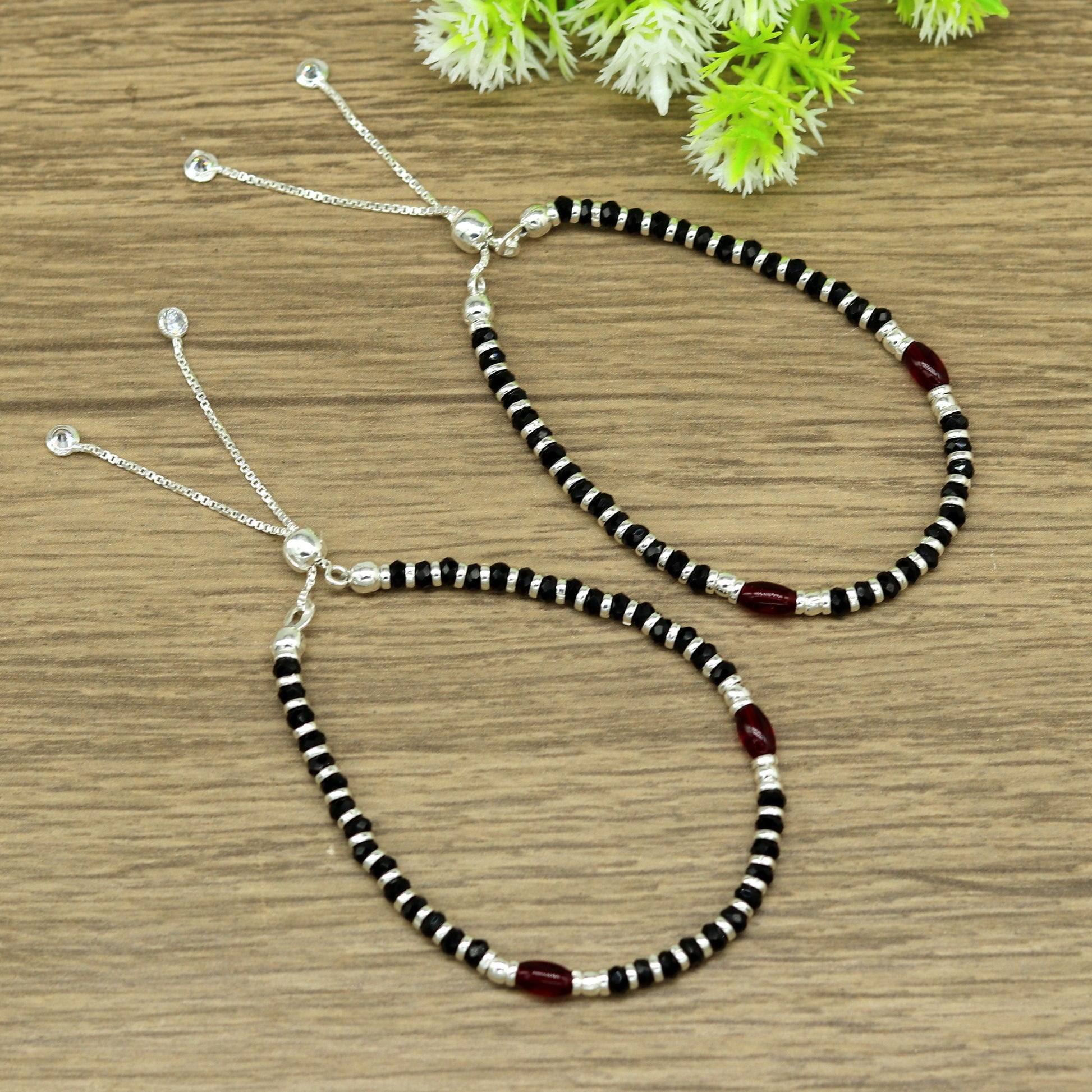 7 inches long handmade 925 sterling silver fabulous silver beads, black stone adjustable customized charm bracelet for girl's gifting sbr173 - TRIBAL ORNAMENTS