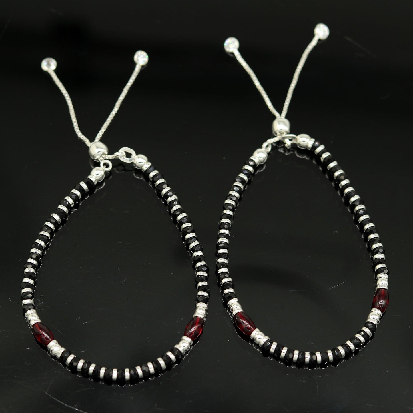 7 inches long handmade 925 sterling silver fabulous silver beads, black stone adjustable customized charm bracelet for girl's gifting sbr173 - TRIBAL ORNAMENTS