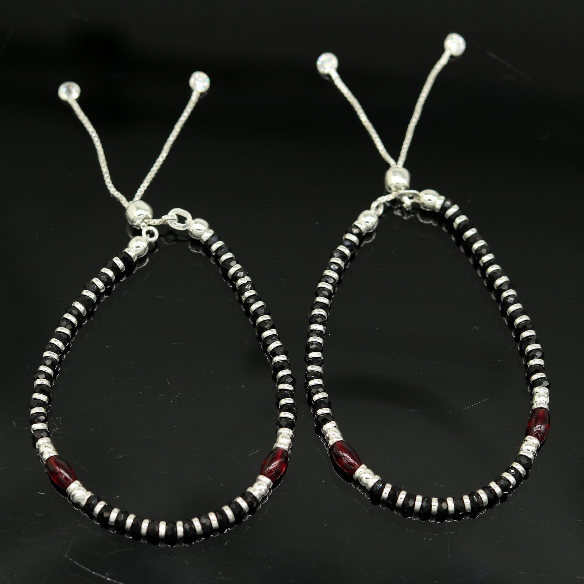 7 inches long handmade 925 sterling silver fabulous silver beads, black stone adjustable customized charm bracelet for girl's gifting sbr173 - TRIBAL ORNAMENTS