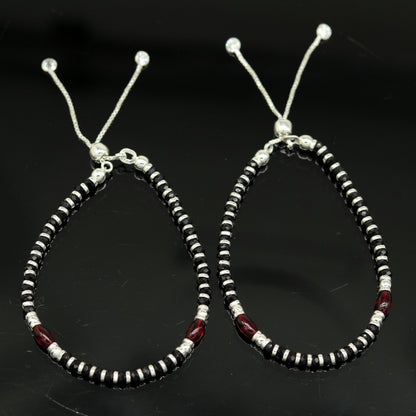 7 inches long handmade 925 sterling silver fabulous silver beads, black stone adjustable customized charm bracelet for girl's gifting sbr173 - TRIBAL ORNAMENTS