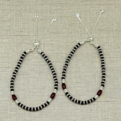 7 inches long handmade 925 sterling silver fabulous silver beads, black stone adjustable customized charm bracelet for girl's gifting sbr173 - TRIBAL ORNAMENTS