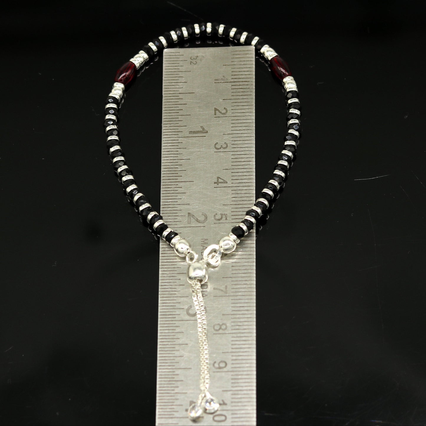 7 inches long handmade 925 sterling silver fabulous silver beads, black stone adjustable customized charm bracelet for girl's gifting sbr173 - TRIBAL ORNAMENTS