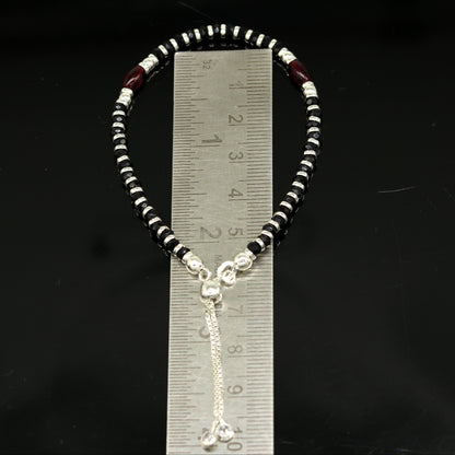 7 inches long handmade 925 sterling silver fabulous silver beads, black stone adjustable customized charm bracelet for girl's gifting sbr173 - TRIBAL ORNAMENTS