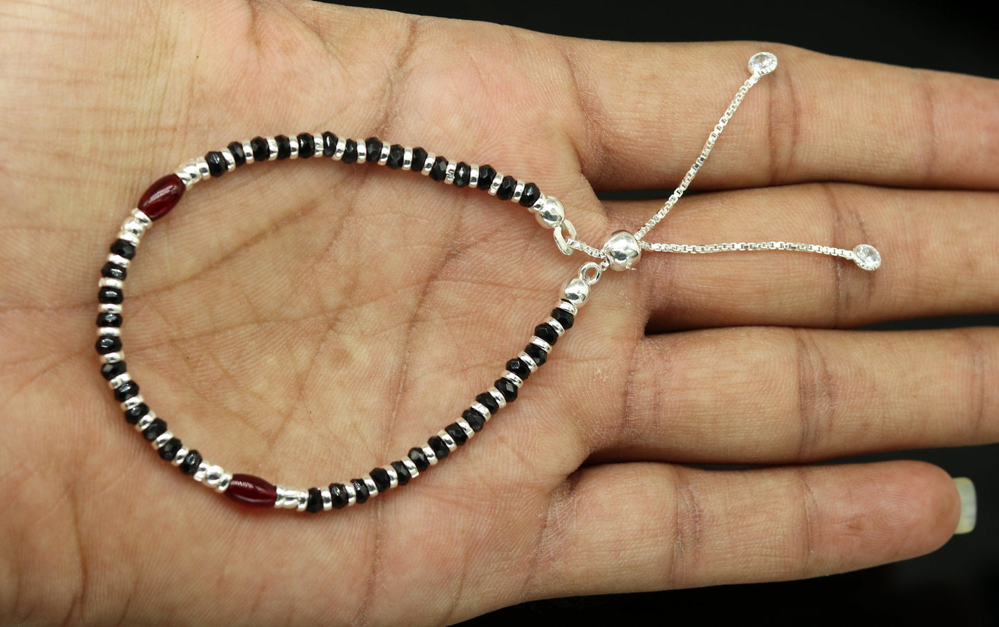 7 inches long handmade 925 sterling silver fabulous silver beads, black stone adjustable customized charm bracelet for girl's gifting sbr173 - TRIBAL ORNAMENTS